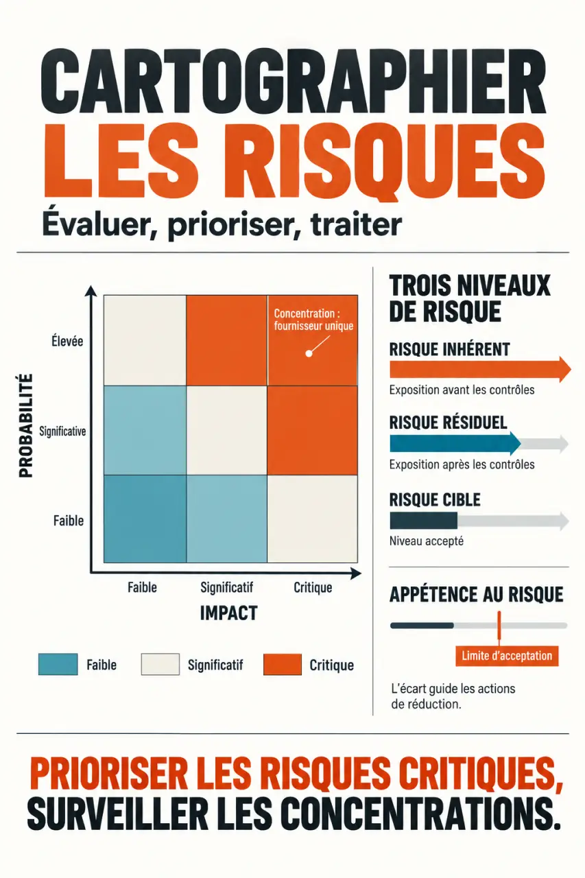 Cartographie des risques avec matrice de criticité et distinction entre risque inhérent, résiduel et cible