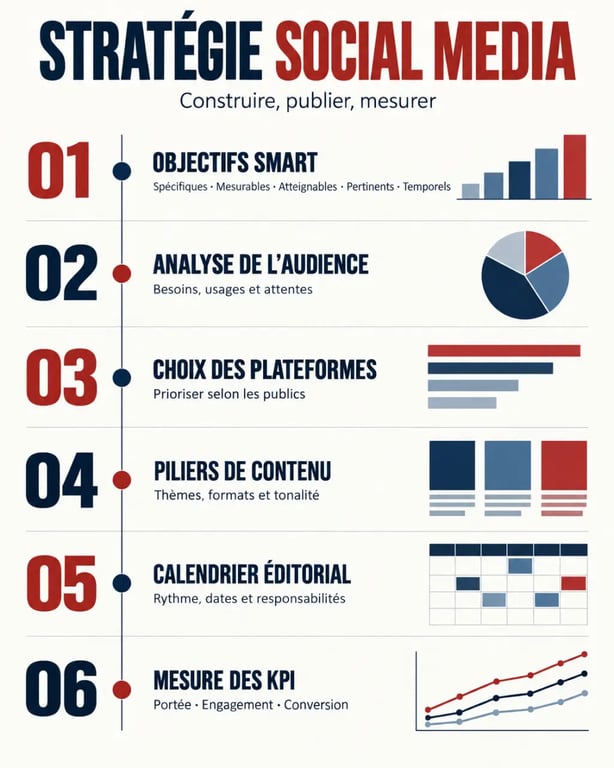 Les six étapes d’une stratégie social media, des objectifs SMART à la mesure des KPI