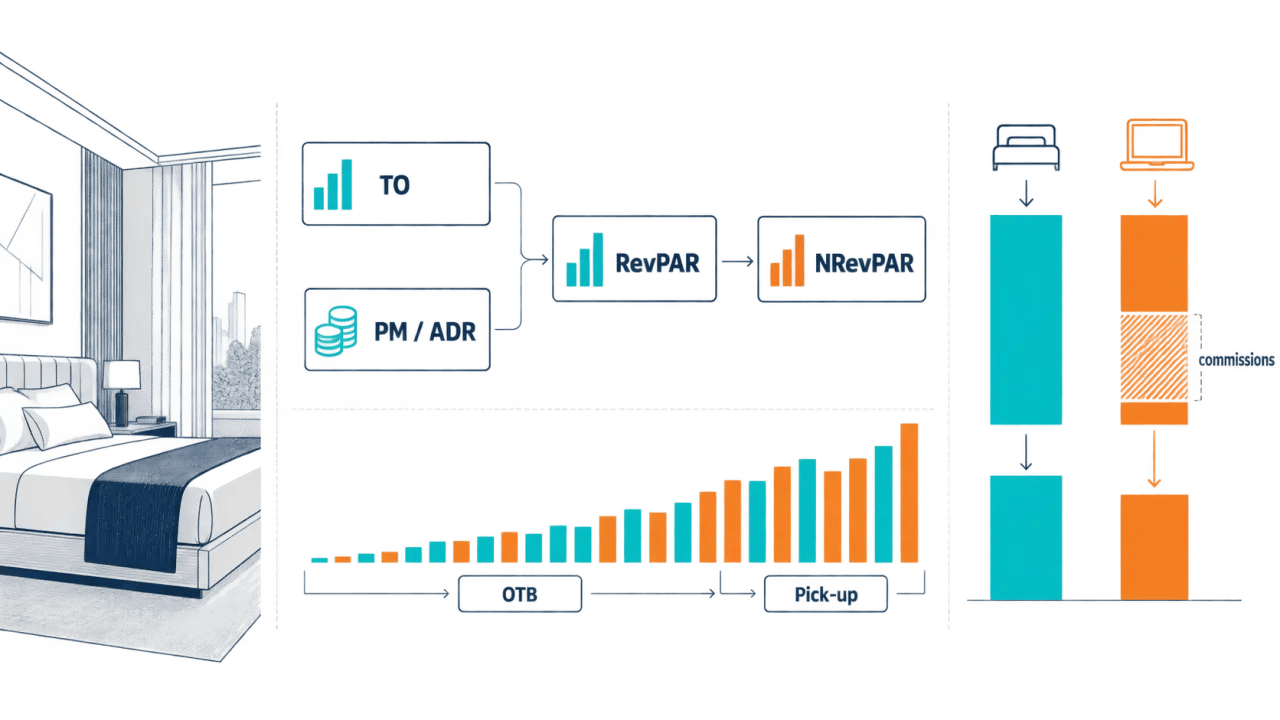 Infographie sur le conseil en revenue management et les indicateurs TO, RevPAR, NRevPAR et pick-up
