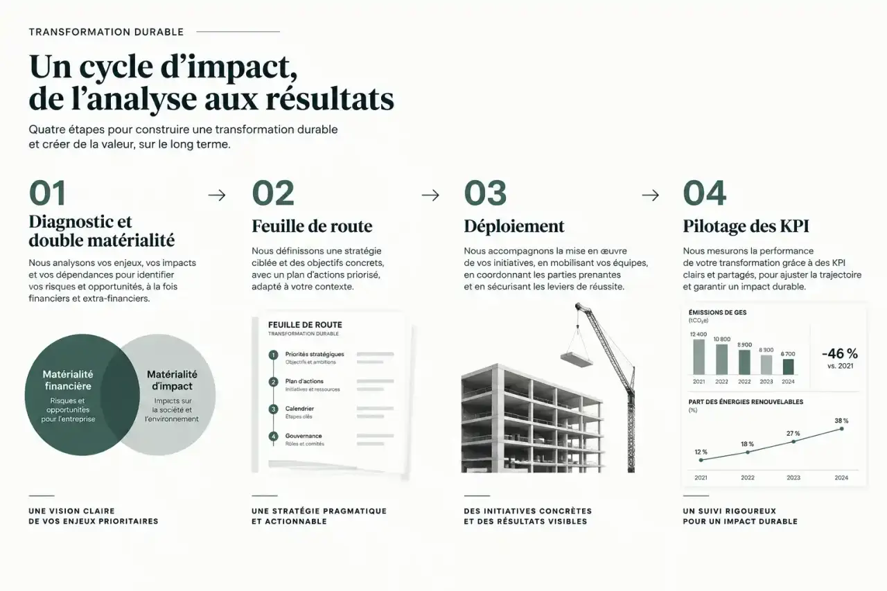 Étapes d'un cabinet de conseil en transformation durable pour entreprise : du diagnostic au pilotage