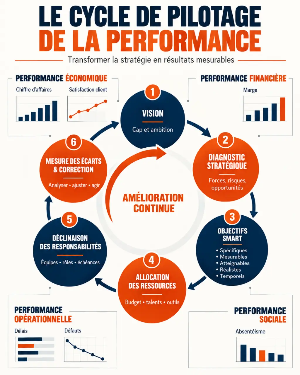 Infographie du cycle de pilotage de la performance entreprise et de ses quatre dimensions