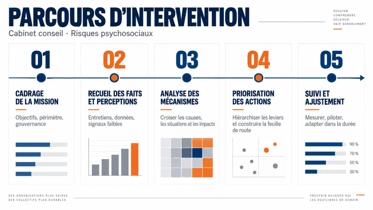 Parcours en cinq étapes d’un cabinet conseil risques psychosociaux, du diagnostic au suivi des actions