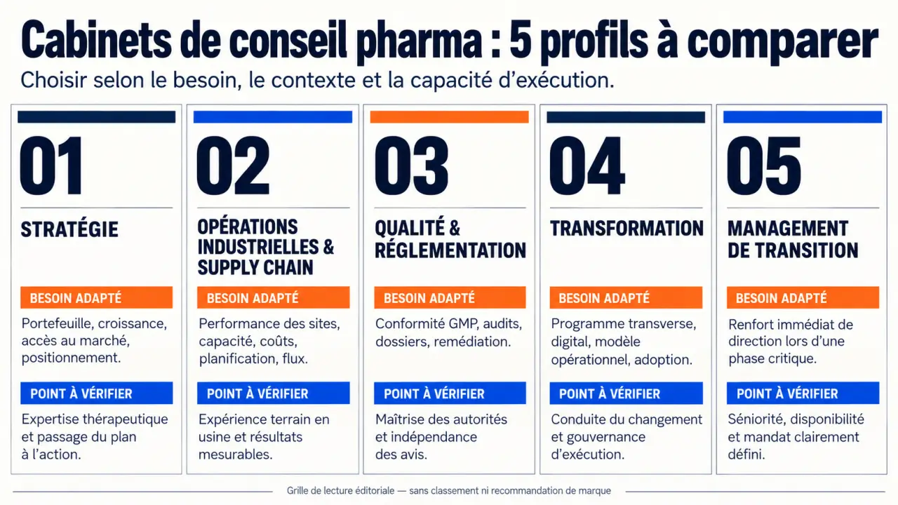Infographie sur les profils de cabinet de conseil en industrie pharmaceutique et leurs domaines d’intervention