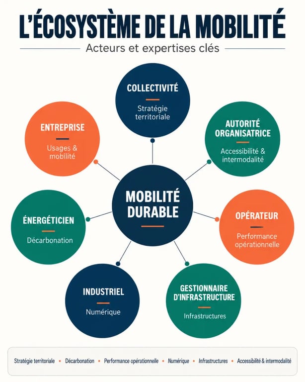 Infographie d’un cabinet de conseil mobilité reliant les types d’acteurs aux expertises de transport
