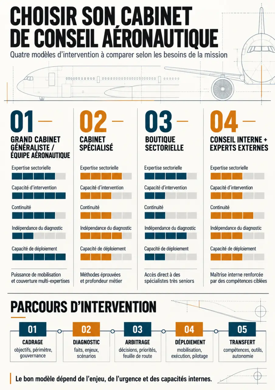 Infographie sur le choix d’un cabinet de conseil aéronautique et les étapes d’une mission