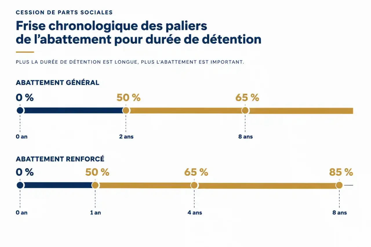 Frise des paliers d'abattement pour cession de parts sociales : taux général et renforcé selon la durée de détention