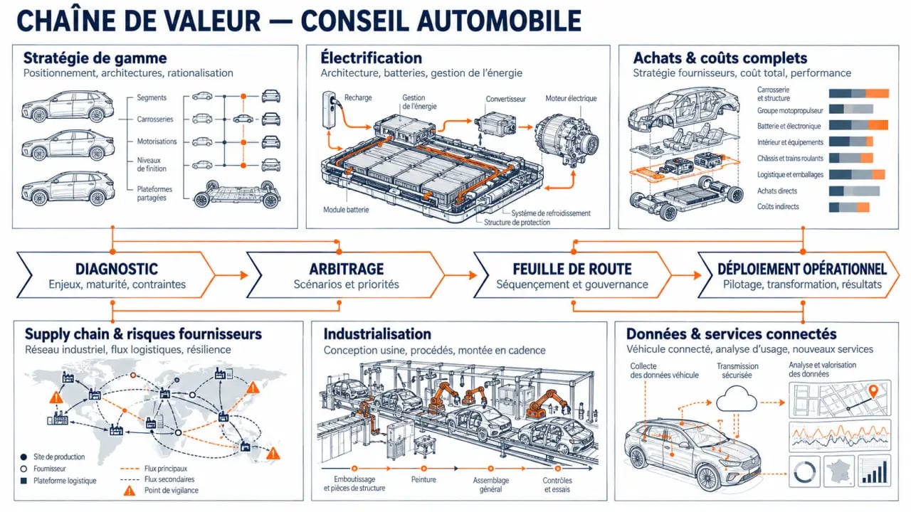 Infographie sur les expertises d'un cabinet de conseil automobile et la transformation de la chaîne de valeur